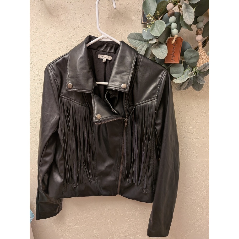 White Birch Womens Black Faux Leather Fringe Moto Jacket Western Biker Large